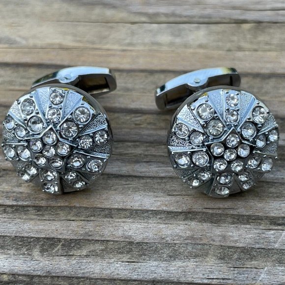 Cuff Links Men Shirt Crystal Accent Studd Cufflink Silver Tone Cuff link - Picture 12 of 12